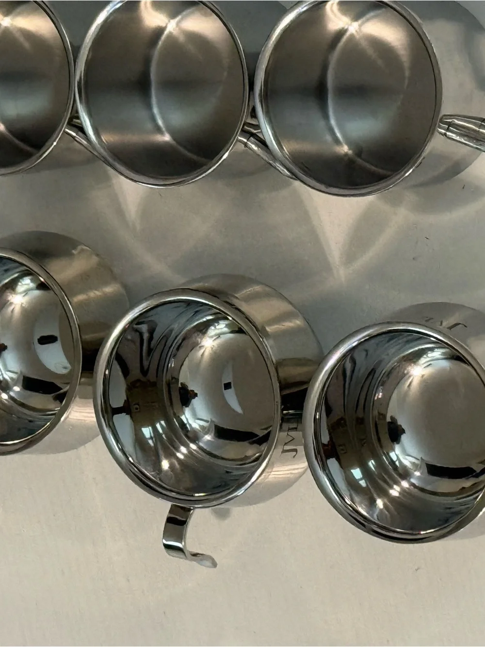 Set of 6: Polished Stainless Steel Coffee Cup and 3 serving bowls Mazda & JVL